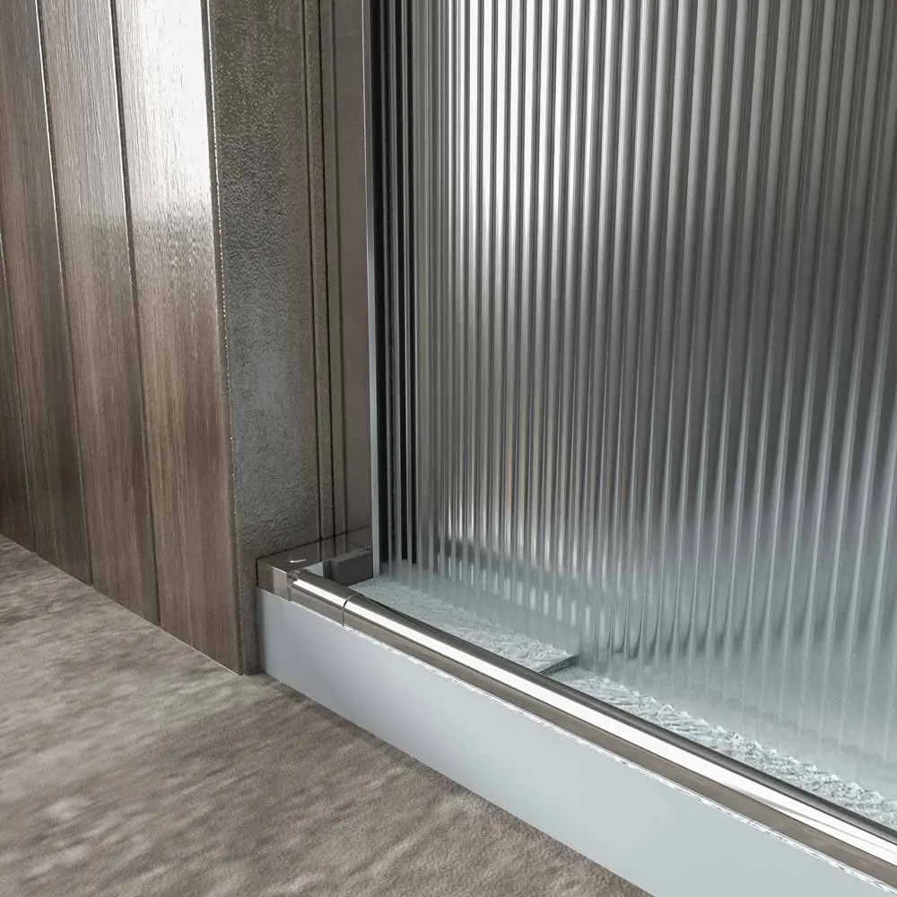 Paroi de douche ANDREA façade 1 fixe- 1 porte coulissante VERRE RAINURÉ roue inférieure. Finition CHROME BRILLANT – Image 5