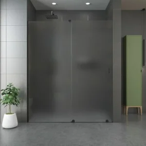 Paroi de douche ANDREA façade 1 fixe- 1 porte coulissante VERRE MAT roue inférieure. Finition NOIR MAT
