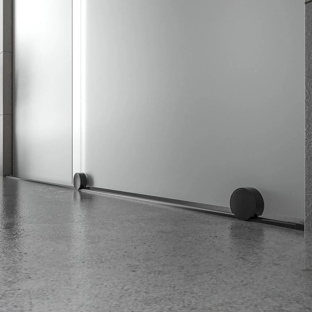 Paroi de douche ANDREA façade 1 fixe- 1 porte coulissante VERRE MAT roue inférieure. Finition NOIR MAT – Image 3