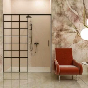 Paroi de douche frontale AXER 1 fixe – 1 porte coulissante en verre 6 mm. Décoration industrielle SOHO. Acier inoxydable NOIR MAT