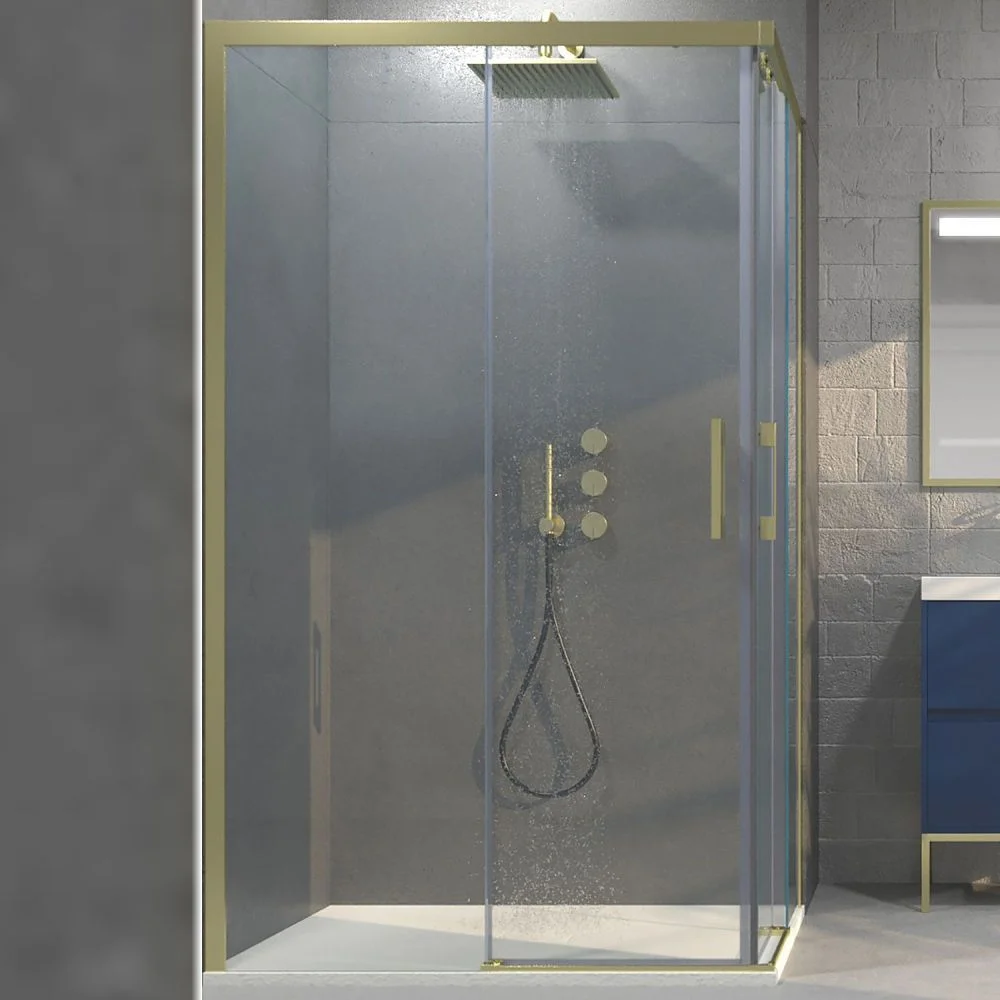 Paroi de douche rectangulaire FLARE ouverture angulaire 2 portes fixes-2 coulissantes. Pas de profil inférieur. Finition OR – Image 2