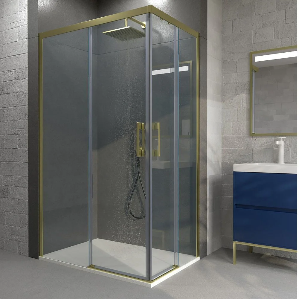 Paroi de douche rectangulaire FLARE ouverture angulaire 2 portes fixes-2 coulissantes. Pas de profil inférieur. Finition OR
