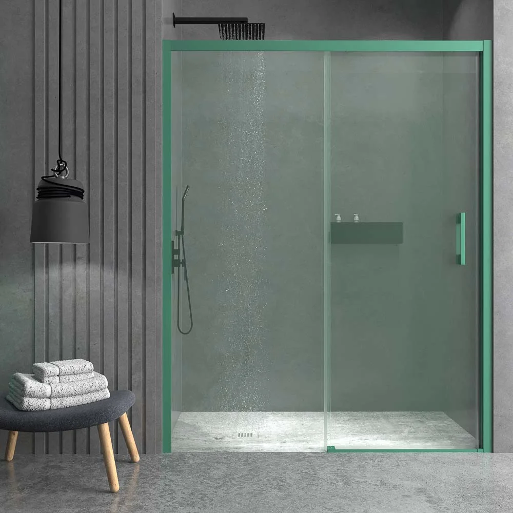 Paroi de douche frontale fixe LINEA1 -1 porte coulissante. Pas de profil inférieur. Finition VERT PATINE
