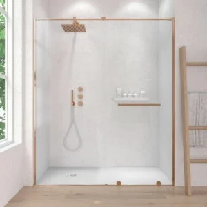 Paroi de douche frontale VERONA 1 fixe- 1 porte coulissante sans profilé supérieur. Finition CUIVRE MAT
