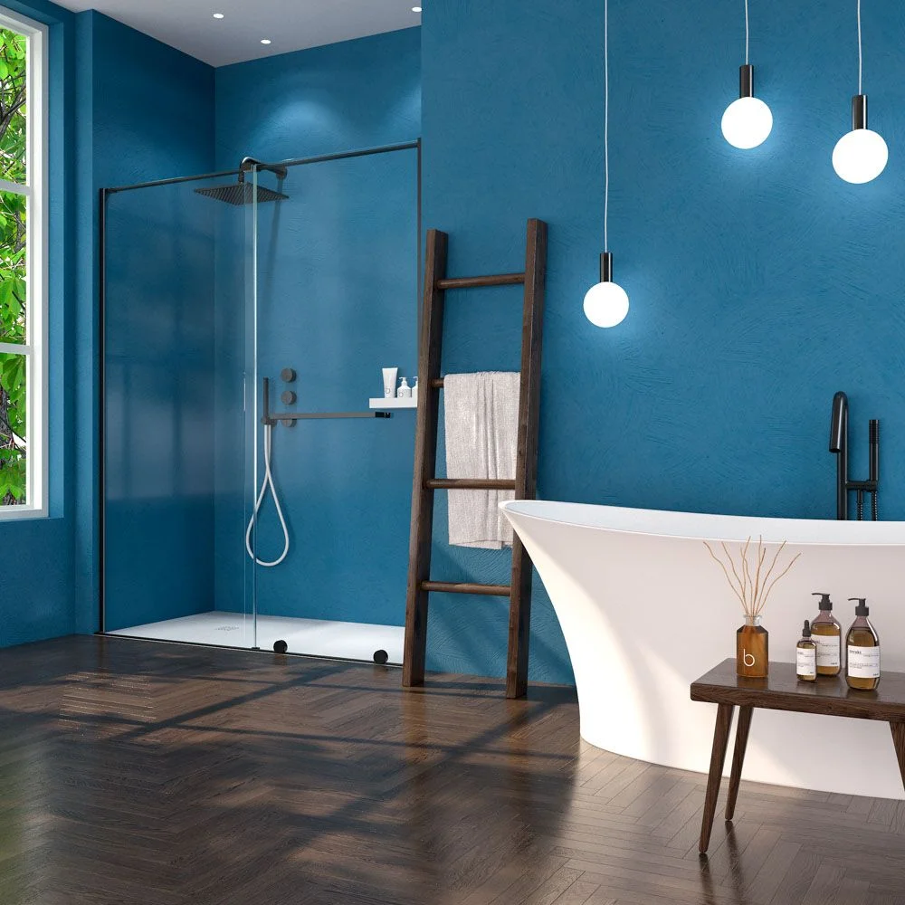 Paroi de douche frontale VERONA 1 fixe- 1 porte coulissante sans profilé supérieur Finition NOIR MAT – Image 2