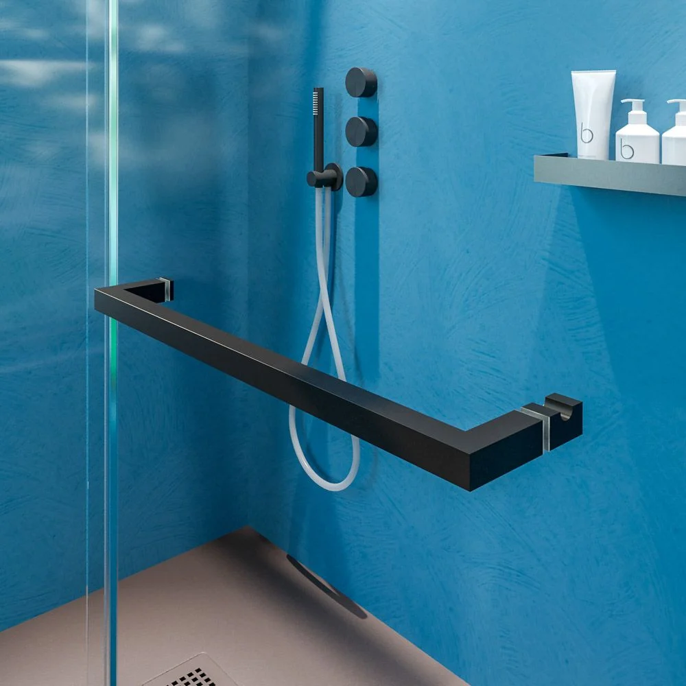 Paroi de douche frontale VERONA 1 fixe- 1 porte coulissante sans profilé supérieur Finition NOIR MAT – Image 7