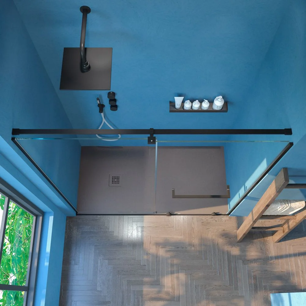 Paroi de douche frontale VERONA 1 fixe- 1 porte coulissante sans profilé supérieur Finition NOIR MAT – Image 3