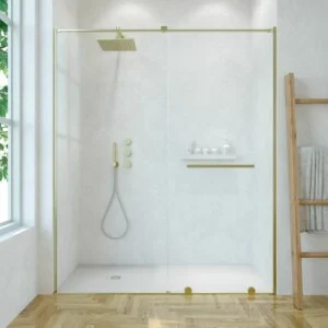 Paroi de douche frontale VERONA 1 fixe – 1 porte coulissante sans profilé supérieur. Finition OR MAT