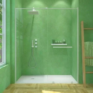 Paroi de douche frontale VERONA 1 fixe- 1 porte coulissante sans profilé supérieur. Fini BLANC MAT