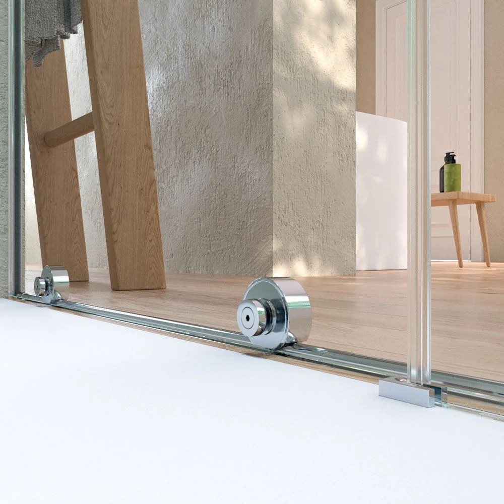 Paroi de douche frontale VERONA 1 porte fixe- 1 porte coulissante sans profil supérieur.Finition CHROME BRILLANT – Image 9