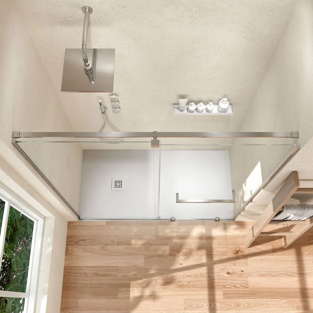 Paroi de douche frontale VERONA 1 porte fixe- 1 porte coulissante sans profil supérieur.Finition CHROME BRILLANT – Image 3