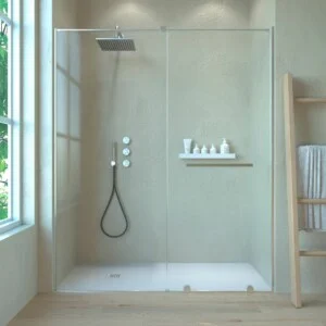 Paroi de douche frontale VERONA 1 porte fixe- 1 porte coulissante sans profil supérieur.Finition CHROME BRILLANT