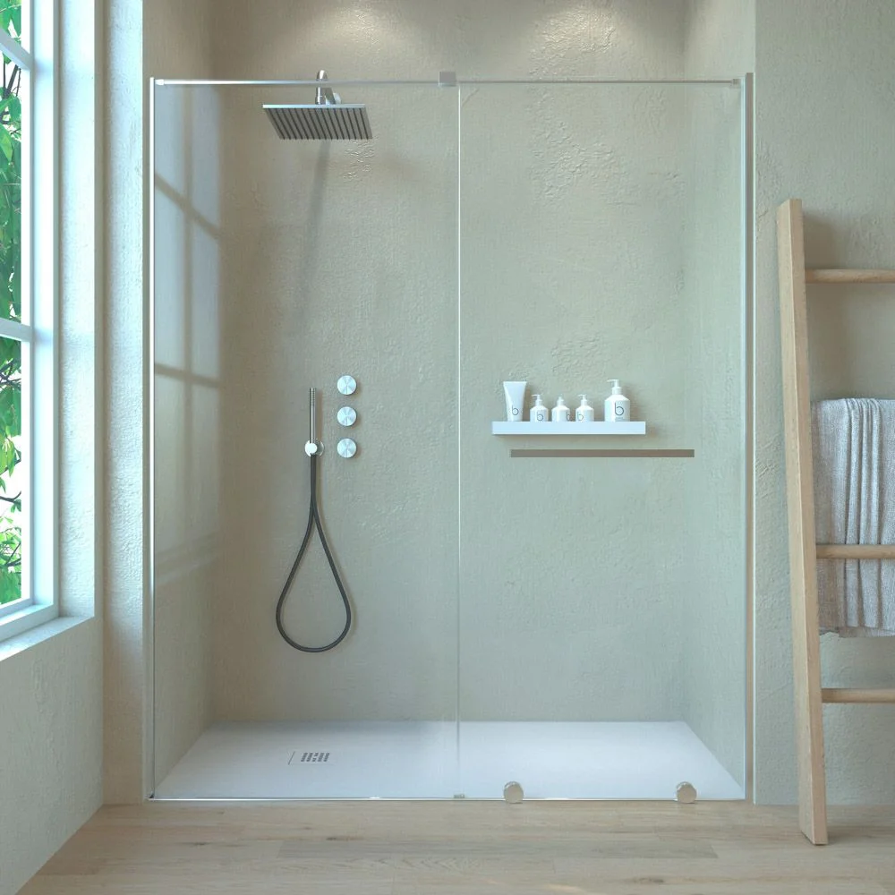 Paroi de douche frontale VERONA 1 porte fixe- 1 porte coulissante sans profil supérieur.Finition CHROME BRILLANT