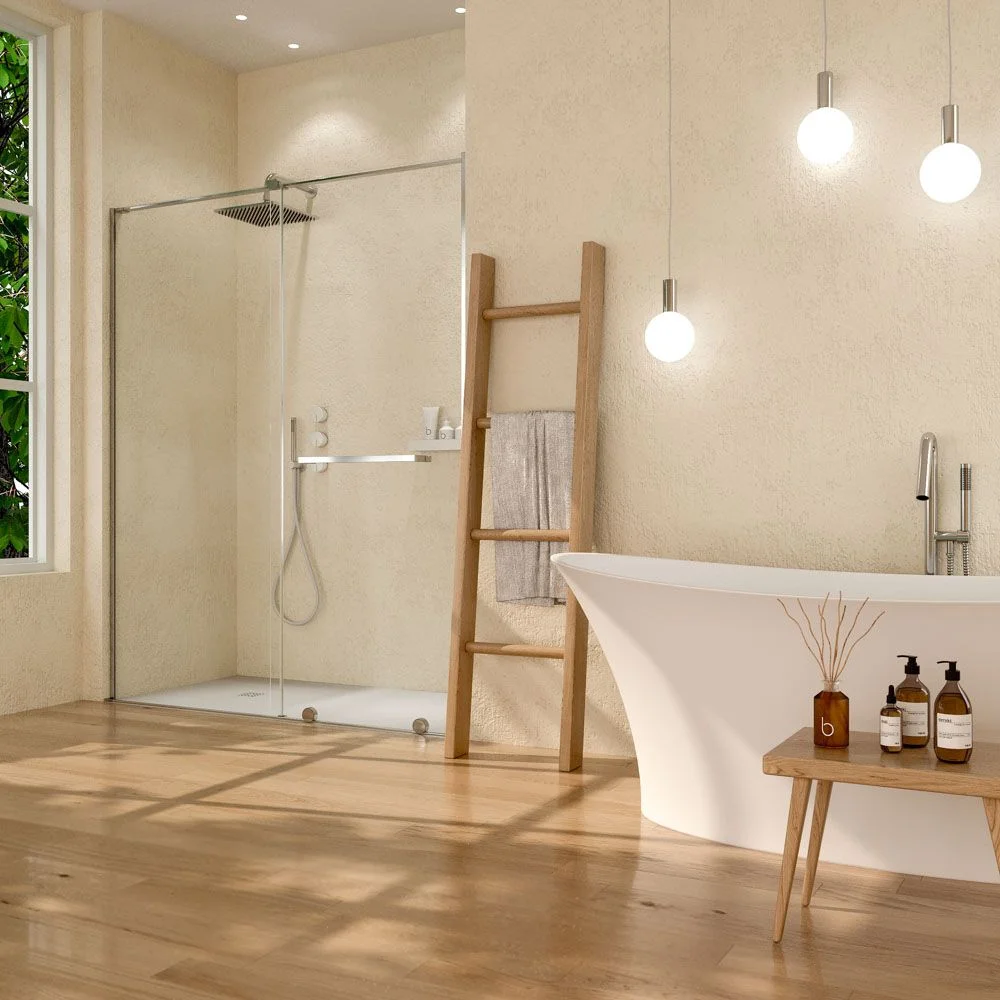 Paroi de douche frontale VERONA 1 porte fixe- 1 porte coulissante sans profil supérieur.Finition CHROME BRILLANT – Image 2