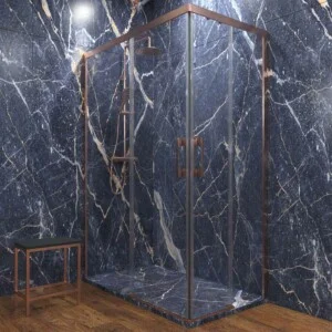 Paroi de douche rectangulaire FLARE ouverture angulaire 2 fixes-2 portes coulissantes. Pas de profil inférieur. Finition CUIVRE