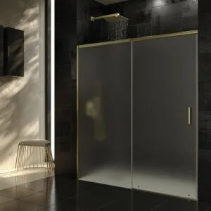 Paroi de douche frontale AXER 1 fixe – 1 porte coulissante verre mat 6 mm. ACIER INOXYDABLE finition OR MAT