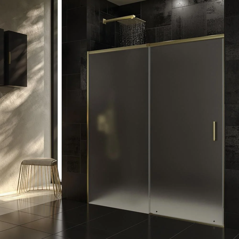 Paroi de douche frontale AXER 1 fixe – 1 porte coulissante verre mat 6 mm. ACIER INOXYDABLE finition OR MAT