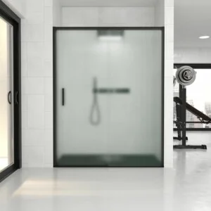FLARE 1 paroi de douche frontale fixe -1 porte coulissante en verre mat. Pas de profil inférieur. Finition NOIR MAT