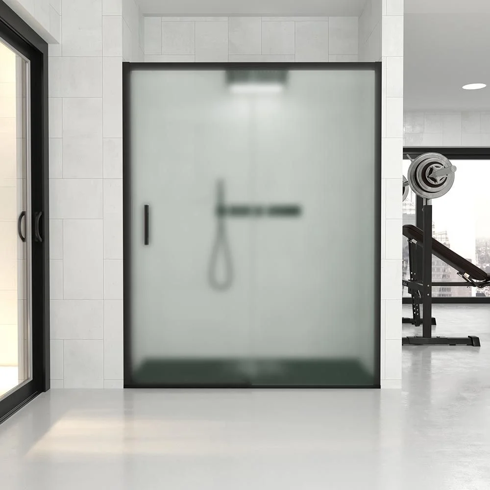 FLARE 1 paroi de douche frontale fixe -1 porte coulissante en verre mat. Pas de profil inférieur. Finition NOIR MAT