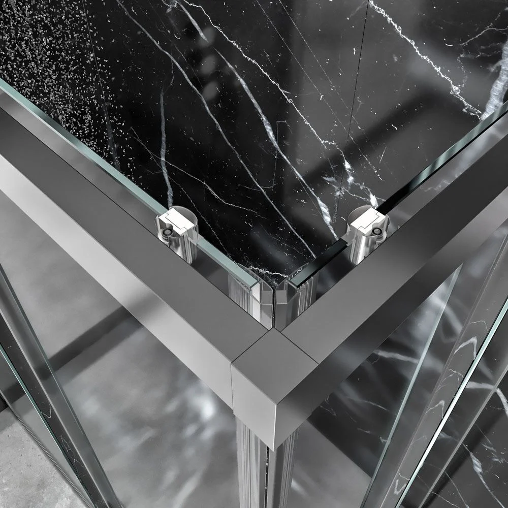 Paroi de douche rectangulaire FRAME ouverture angulaire 2 portes fixes-2 coulissantes. Verre de sécurité trempé de 6 mm. Finition CHROME BRILLANT – Image 2