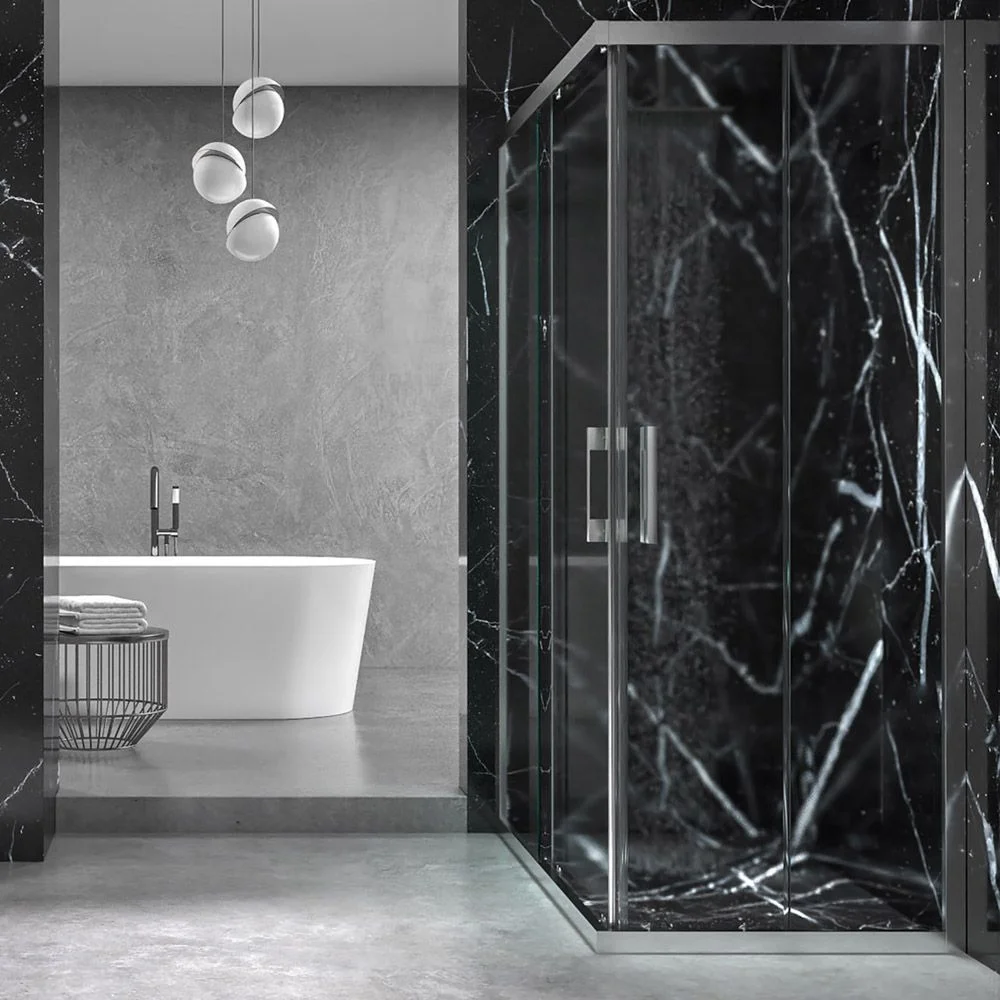 Paroi de douche rectangulaire FRAME ouverture angulaire 2 portes fixes-2 coulissantes. Verre de sécurité trempé de 6 mm. Finition CHROME BRILLANT