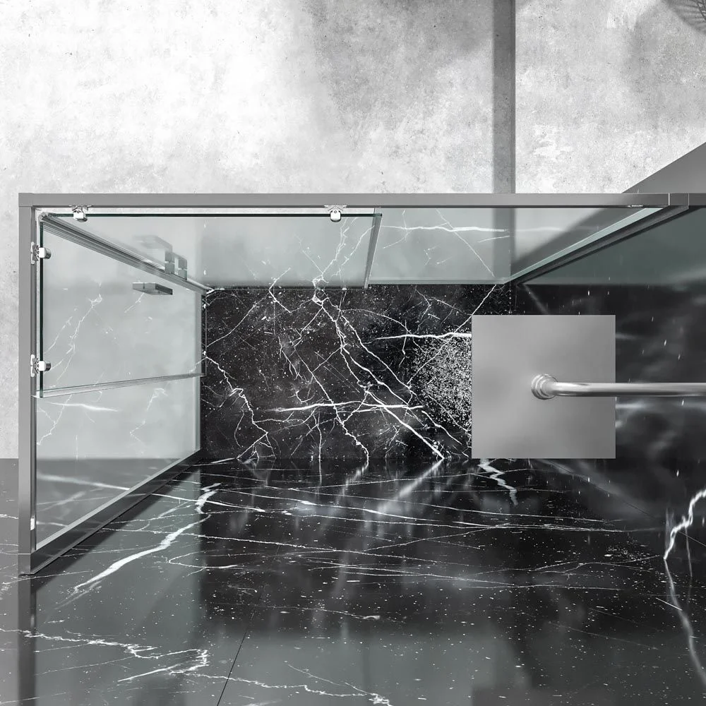 Paroi de douche rectangulaire FRAME ouverture angulaire 2 portes fixes-2 coulissantes. Verre de sécurité trempé de 6 mm. Finition CHROME BRILLANT – Image 4
