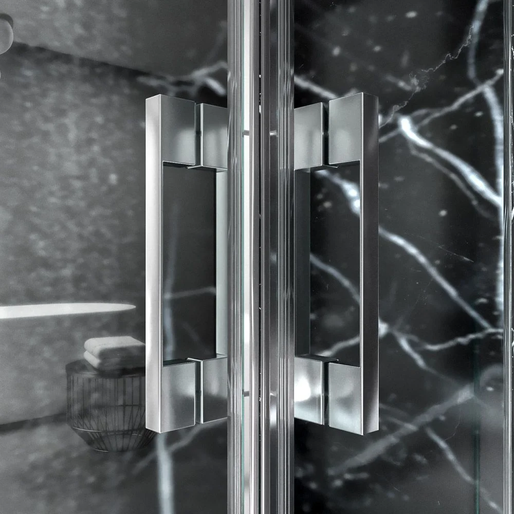 Paroi de douche rectangulaire FRAME ouverture angulaire 2 portes fixes-2 coulissantes. Verre de sécurité trempé de 6 mm. Finition CHROME BRILLANT – Image 7