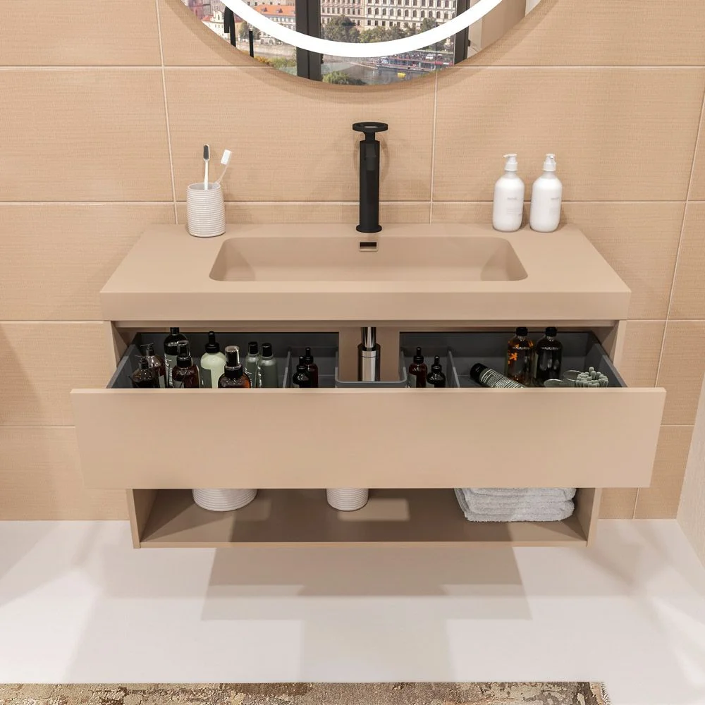 Meuble de salle de bain suspendu 1 tiroir / 1 niche CARMEN avec vasque en résine finition MOKA – Image 5