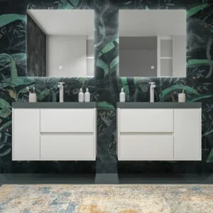 Meuble de salle de bain suspendu 2 tiroirs / 1 porte CARMEN avec vasque en résine finition BLANCHE