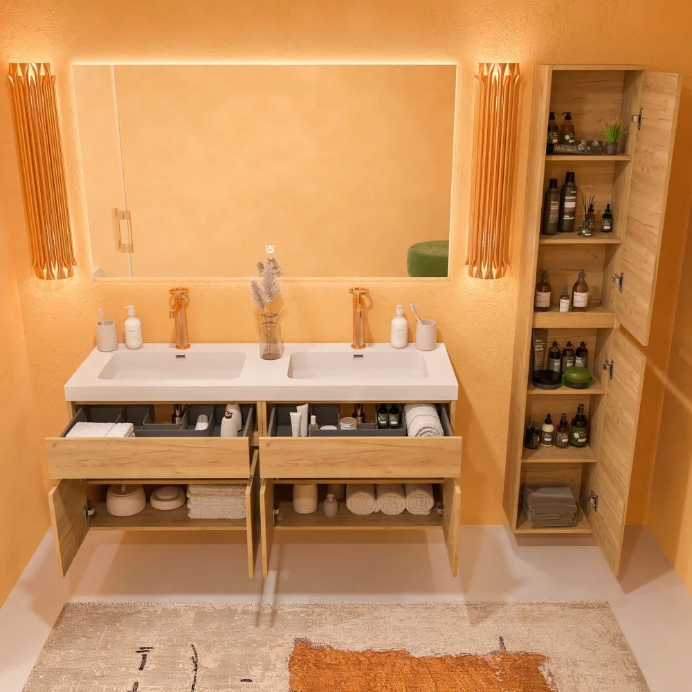 Meuble de salle de bain suspendu 2 vasques 4 portes / 2 tiroirs 120 cm finition CHÊNE CLAIR – Image 3