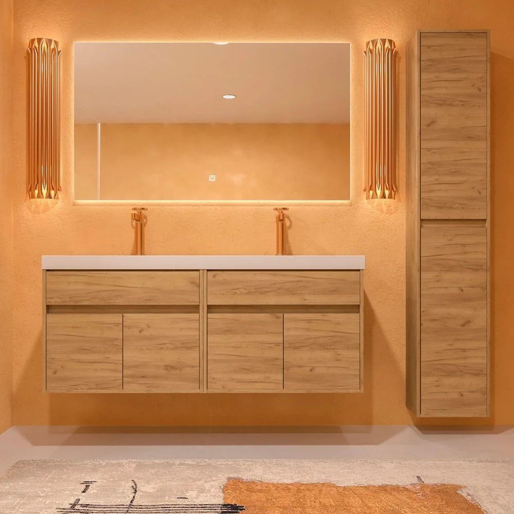 Meuble de salle de bain suspendu 2 vasques 4 portes / 2 tiroirs 120 cm finition CHÊNE CLAIR