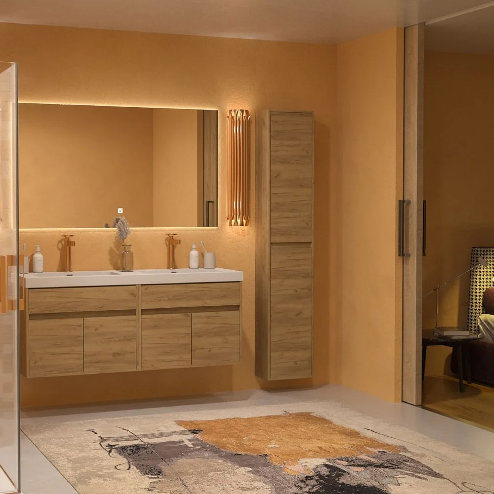 Meuble de salle de bain suspendu 2 vasques 4 portes / 2 tiroirs 120 cm finition CHÊNE CLAIR – Image 2