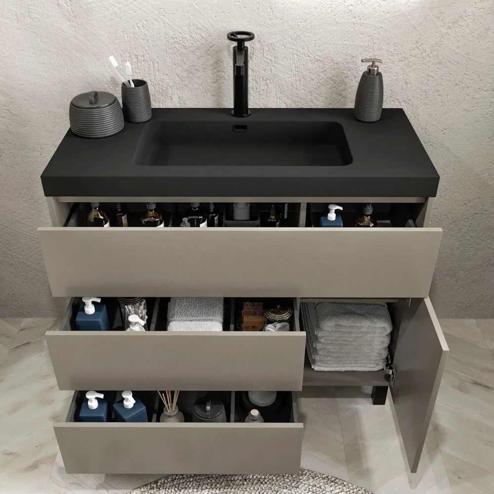 Meuble de salle de bain sur pieds 3 tiroirs / 1 porte finition CARMEN TOPO – Image 2