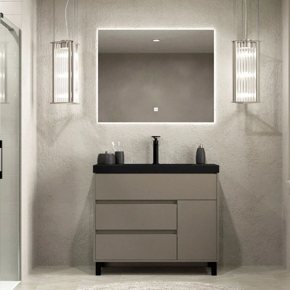 Meuble de salle de bain sur pieds 3 tiroirs / 1 porte finition CARMEN TOPO