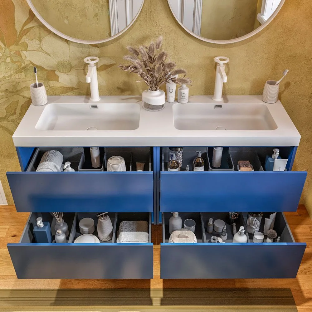 Meuble de salle de bain suspendu 120 cm 4 tiroirs CARMEN avec double vasque 2 vasques résine finition BLEU COBALT – Image 7