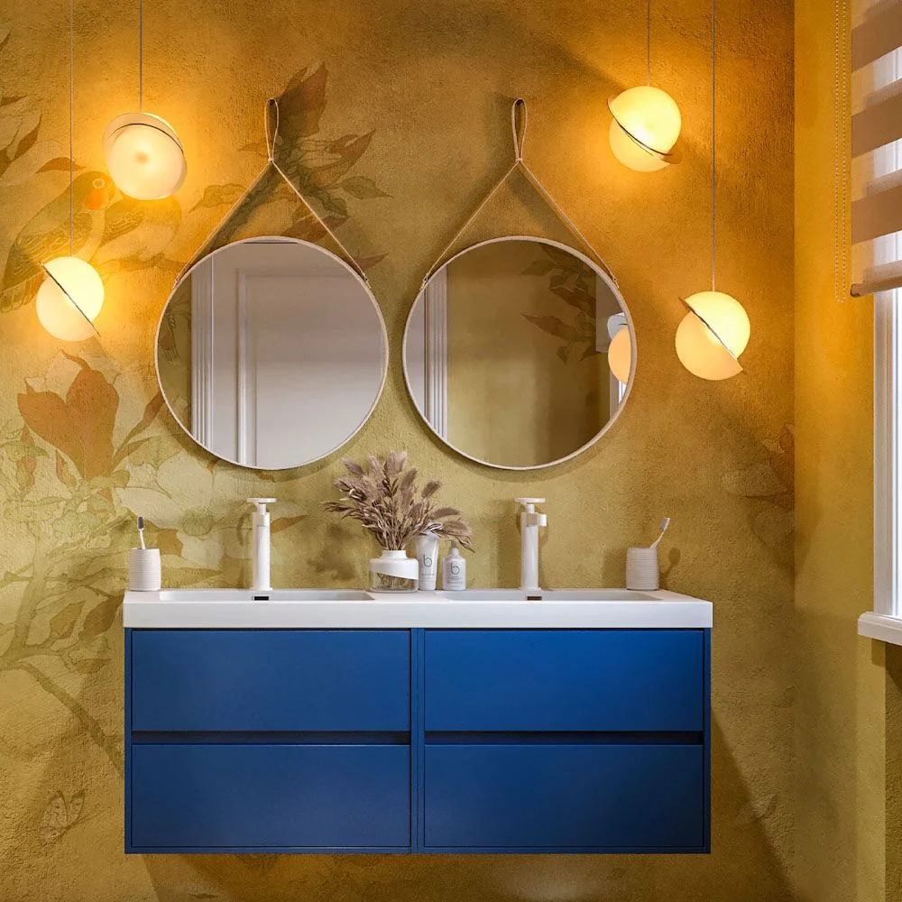 Meuble de salle de bain suspendu 120 cm 4 tiroirs CARMEN avec double vasque 2 vasques résine finition BLEU COBALT