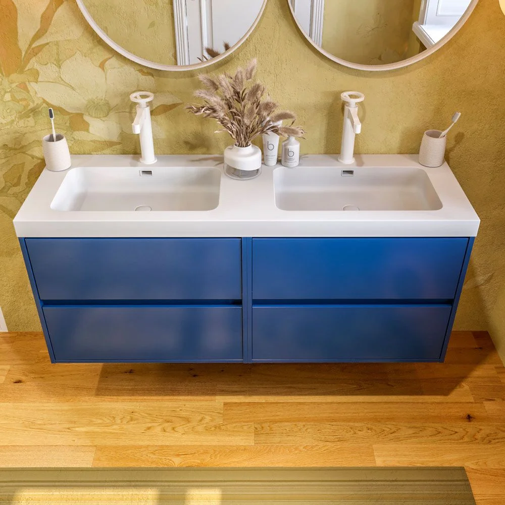 Meuble de salle de bain suspendu 120 cm 4 tiroirs CARMEN avec double vasque 2 vasques résine finition BLEU COBALT – Image 4