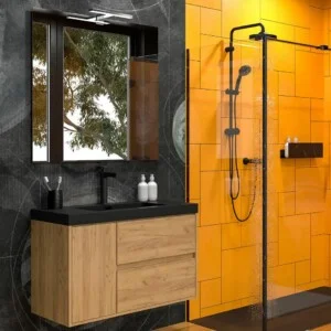 Meuble de salle de bain suspendu 2 tiroirs / 1 porte CARMEN avec vasque en résine finition CHÊNE CLAIR