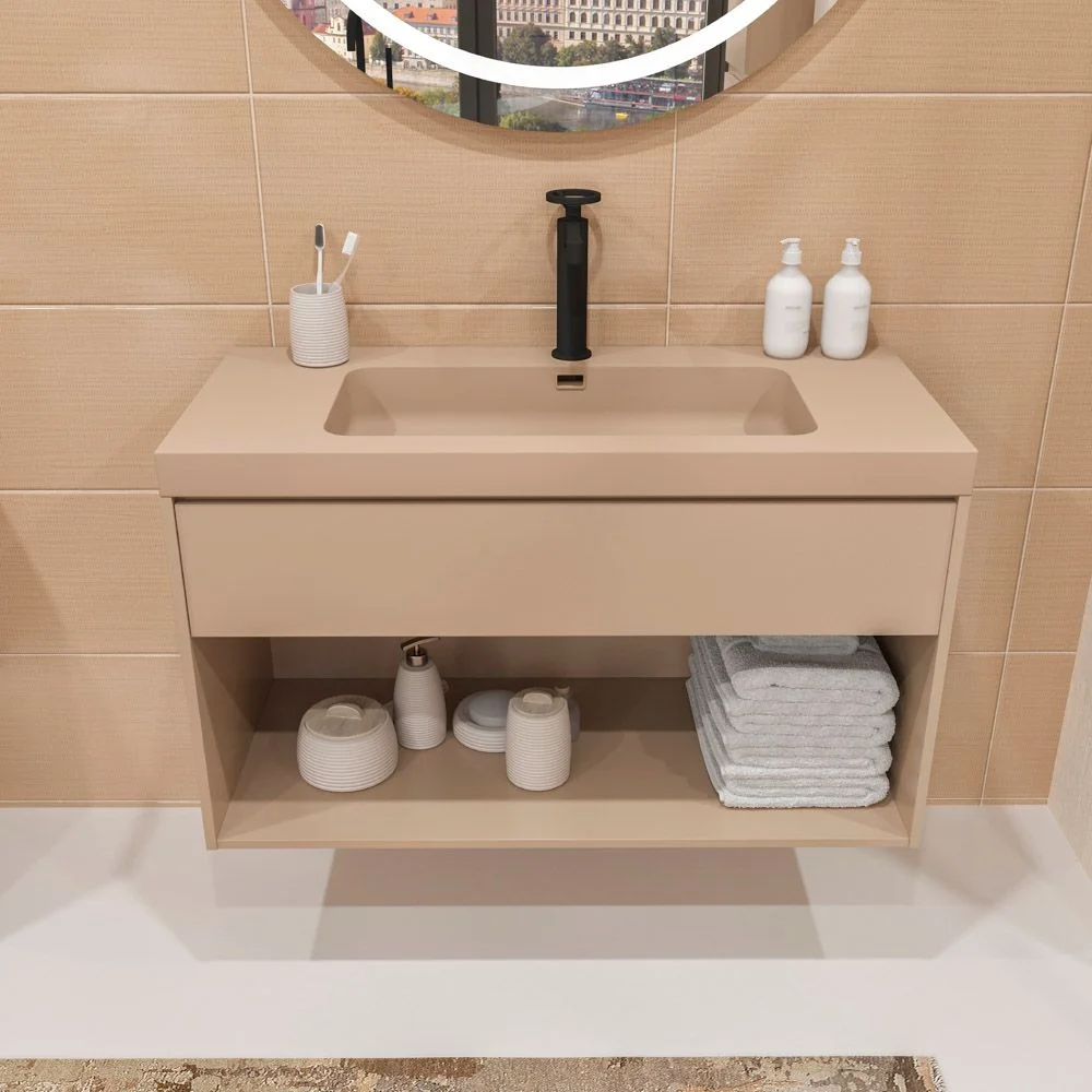 Meuble de salle de bain suspendu 1 tiroir / 1 niche CARMEN avec vasque en résine finition MOKA – Image 3
