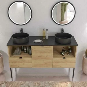 Meuble de salle de bain ELLA sur pieds 2 tiroirs – 1 porte avec plateau SOLID SURFACE finition CHÊNE CLAIR