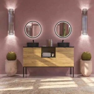 Meuble de salle de bain ELLA sur pieds 1 tiroir – 2 portes avec revêtement finition SOLID SURFACE CHÊNE CLAIR