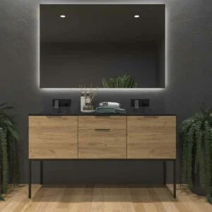 ELLA meuble de salle de bain sur pieds 2 tiroirs – 2 portes avec plan en SOLID SURFACE 2 vasques CHÊNE CLAIR