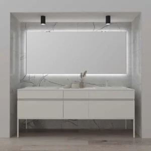 Meuble de salle de bain DUNE pieds 6 tiroirs et plateau SOLID SURFACE 2 vasques