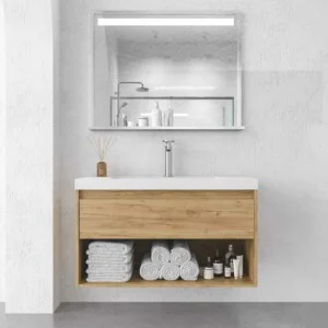Meuble de salle de bain suspendu 1 tiroir / 1 niche CARMEN avec vasque en résine finition CHÊNE CLAIR