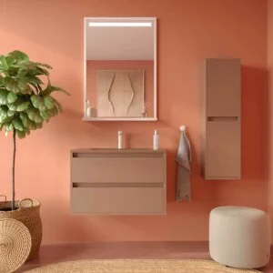 Meuble de salle de bain suspendu 2 tiroirs CLAIRE avec vasque en Solid Surface BRUN PALE
