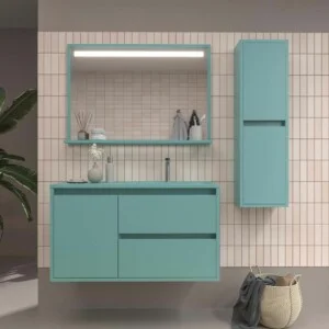 Meuble de salle de bain suspendu 2 tiroirs / 1 porte CLAIRE avec vasque en Solid Surface TURQUOISE