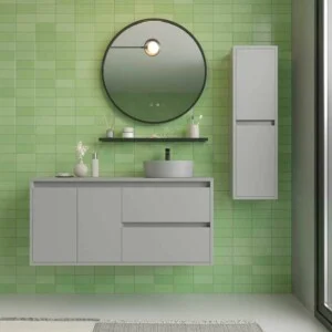 Meuble de salle de bain suspendu 2 tiroirs/2 portes CLAIRE avec vasque en Solid Surface GRIS PIERRE