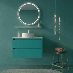 Meuble de salle de bain suspendu 2 tiroirs CLAIRE avec vasque en Solid Surface BLEU TURQUOISE