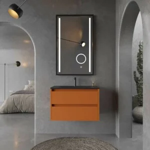 Meuble de salle de bain suspendu 2 tiroirs CLAIRE avec vasque en Solid Surface BRUN ORANGE