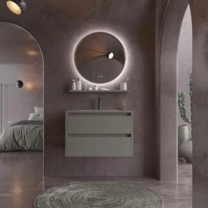 Meuble de salle de bain suspendu 2 tiroirs CLAIRE avec vasque en Solid Surface QUARTZ GRIS
